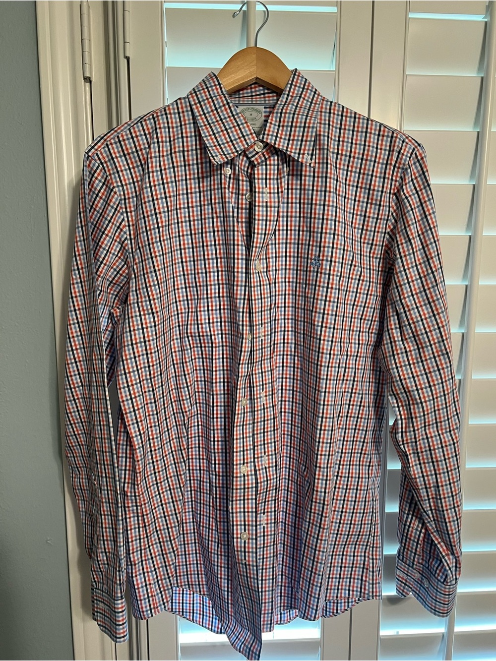 Brooks Brothers Non-Iron Men's Orange & Blue Plaid Button-Down Shirt Size M